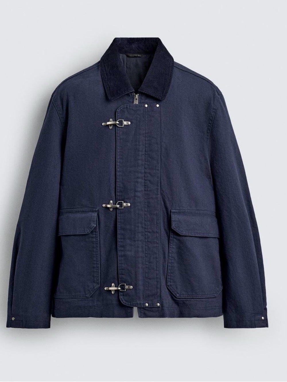 Zara Navy Cotton Military-Style Jacket with Corduroy Collar